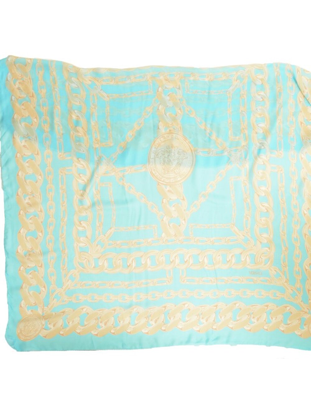 Versace Blue & Beige Medusa & Chain Print Shawl Scarf